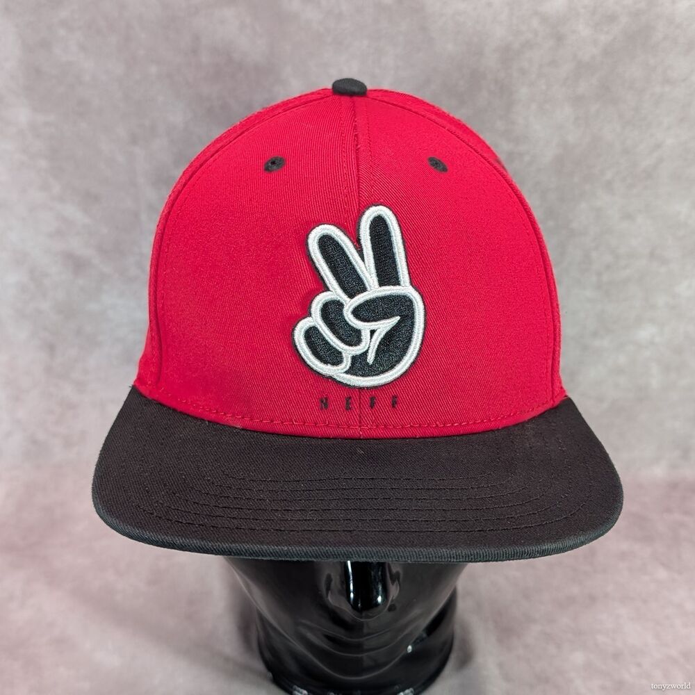 NEFF Peace Sign Hand Logo Snapback Hat Cap Red Black Flat Bill One Size Mens